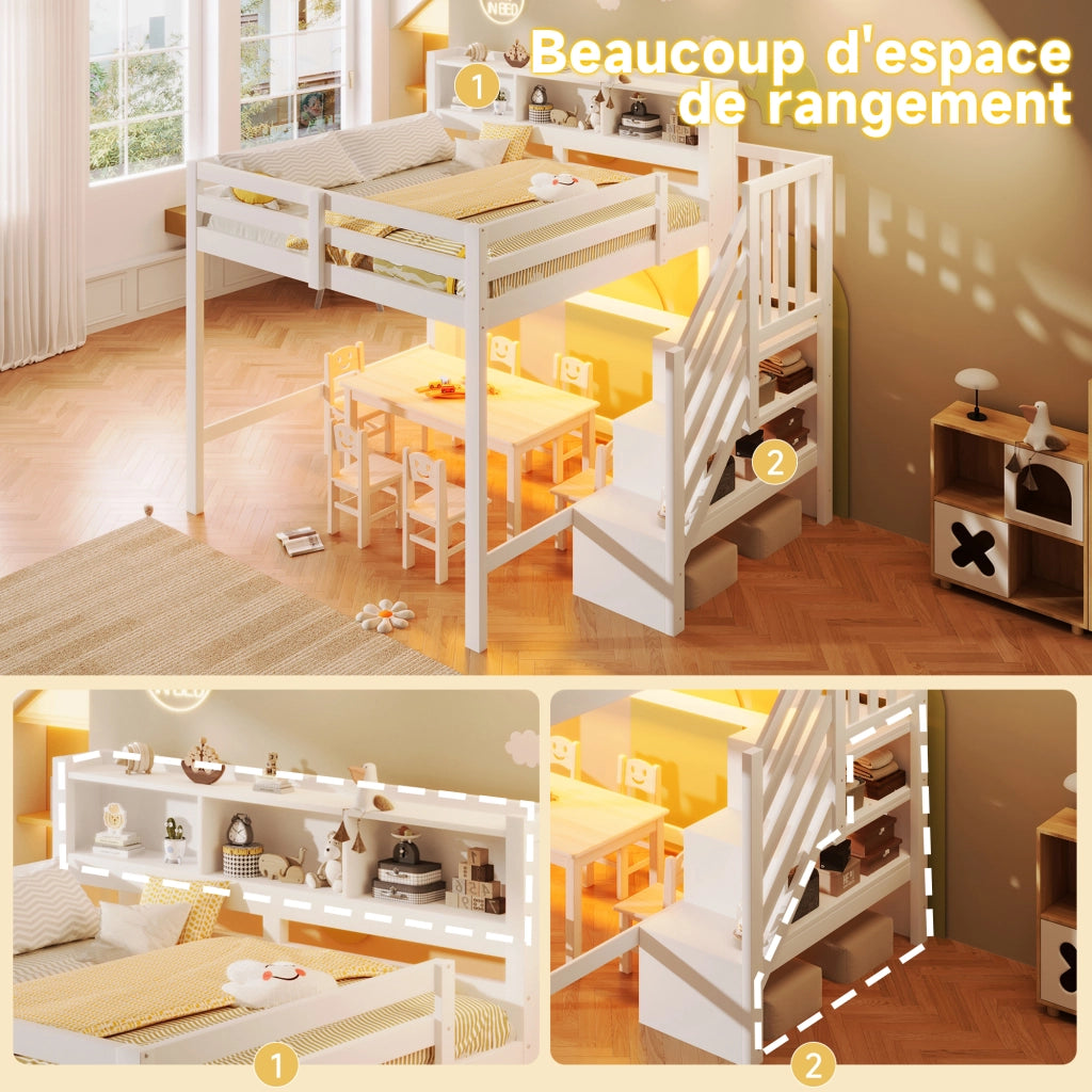 Letto a soppalco 140 × 200 cm con LED scala contenitore vani aperti e sponde in legno bianco per cameretta