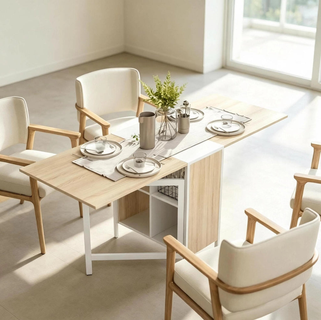 Tavolo da Pranzo Allungabile in MDF con Effetto Quercia Chiara, Tavolo Pieghevole Moderno con Ripiani
