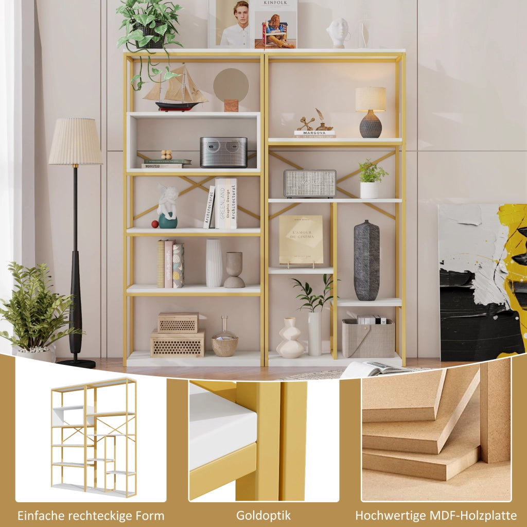 Scaffalatura a ripiani aperti con struttura in metallo e MDF bianco oro per soggiorno 160 × 29.5 × 180 cm