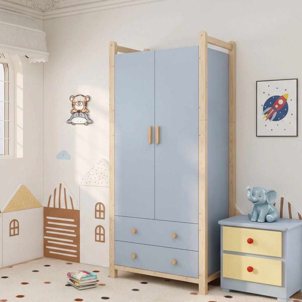Armadio a 2 ante con asta appendiabiti e 2 cassetti in legno e pannello truciolare blu per camera e ingresso