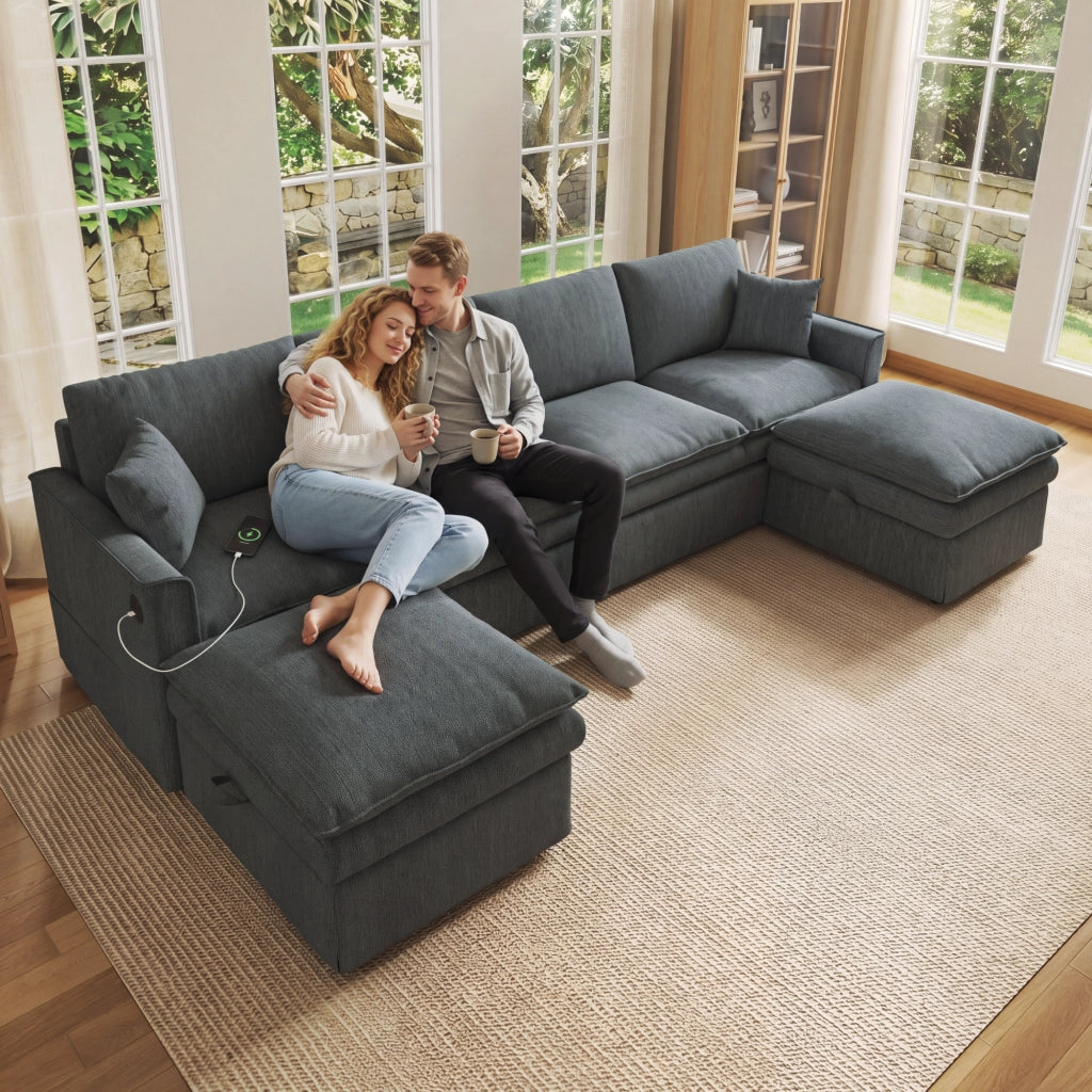Divano modulare a U o L 6 posti con pouf contenitore, porte USB e Type-C, in cotone e lino grigio, 277×80×135 cm