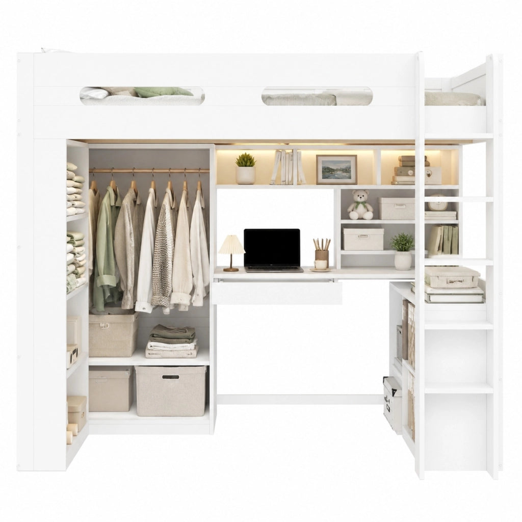 Letto a soppalco 90x200 cm in legno e MDF bianco con scrivania LED