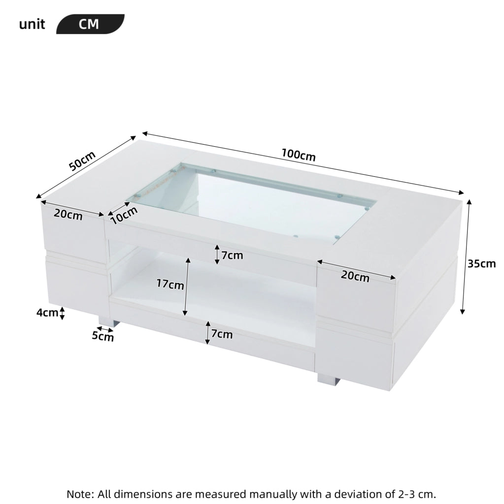 Tavolino da salotto LED bianco 100 x 50 x 35 cm in pannello truciolare e vetro