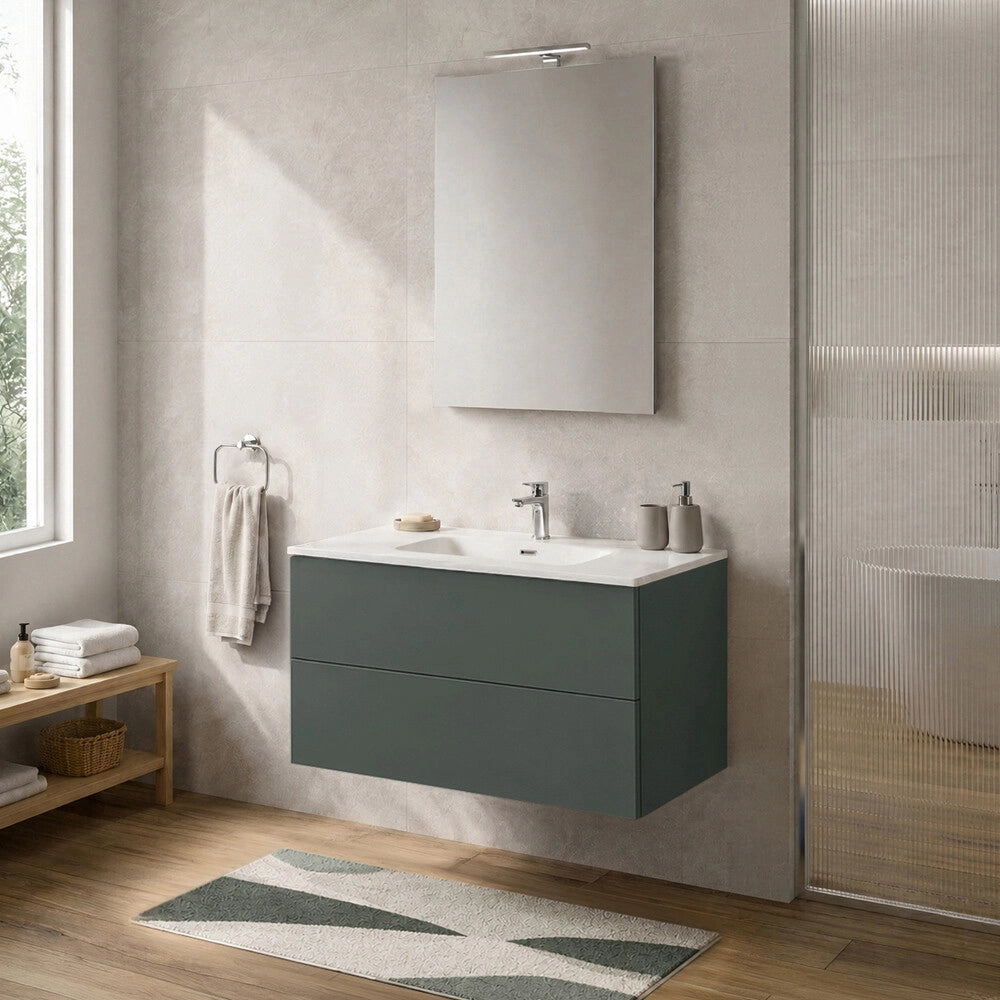 Mobile bagno sospeso 100 cm verde due cassetti push-pull e lavabo Tierra
