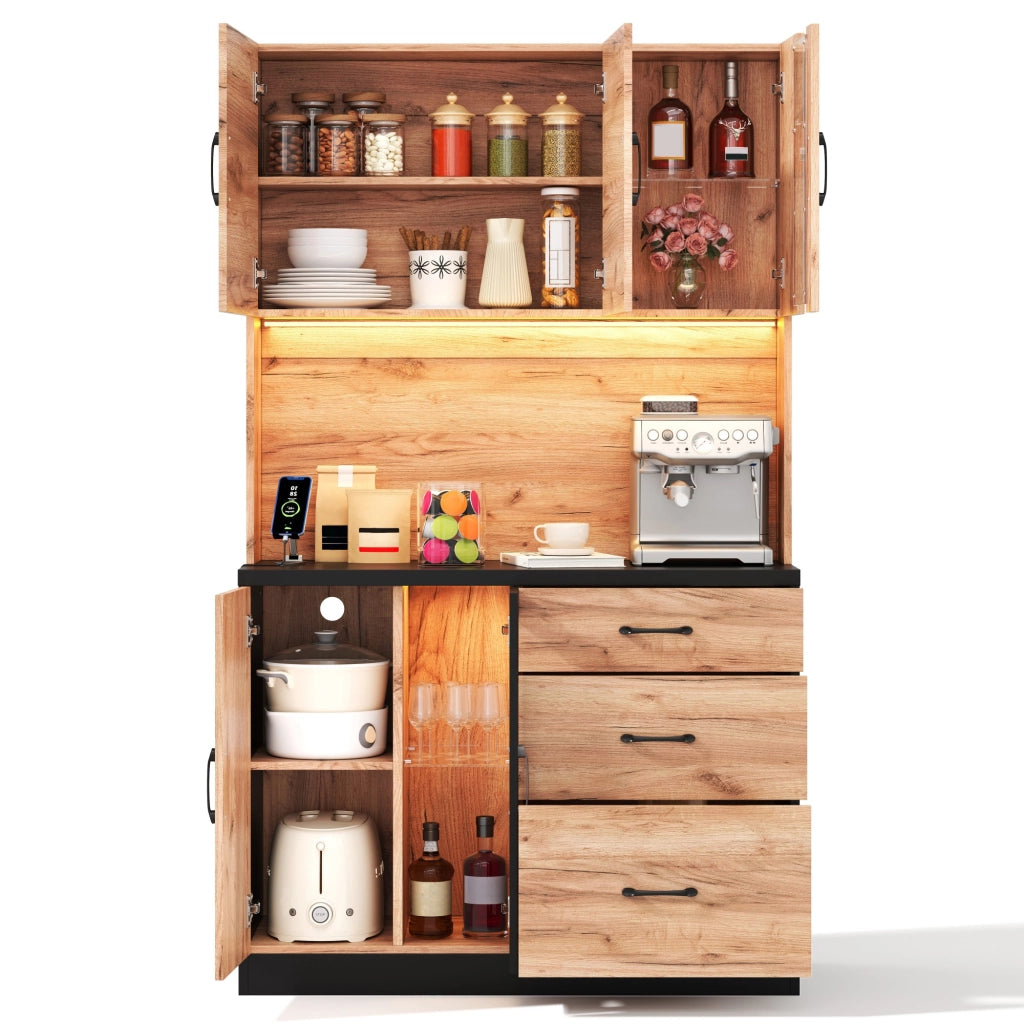 Credenza da cucina alta con 3 cassetti, vetrine, ripiani regolabili, LED e prese, MDF nero, 105 × 40 × 180 cm