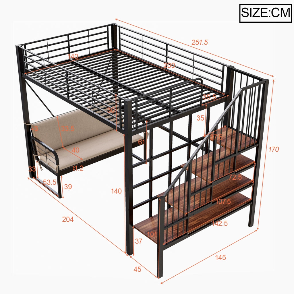 Letto a soppalco 140x200 cm per adulti con divano imbottito removibile; scala contenitore; metallo nero