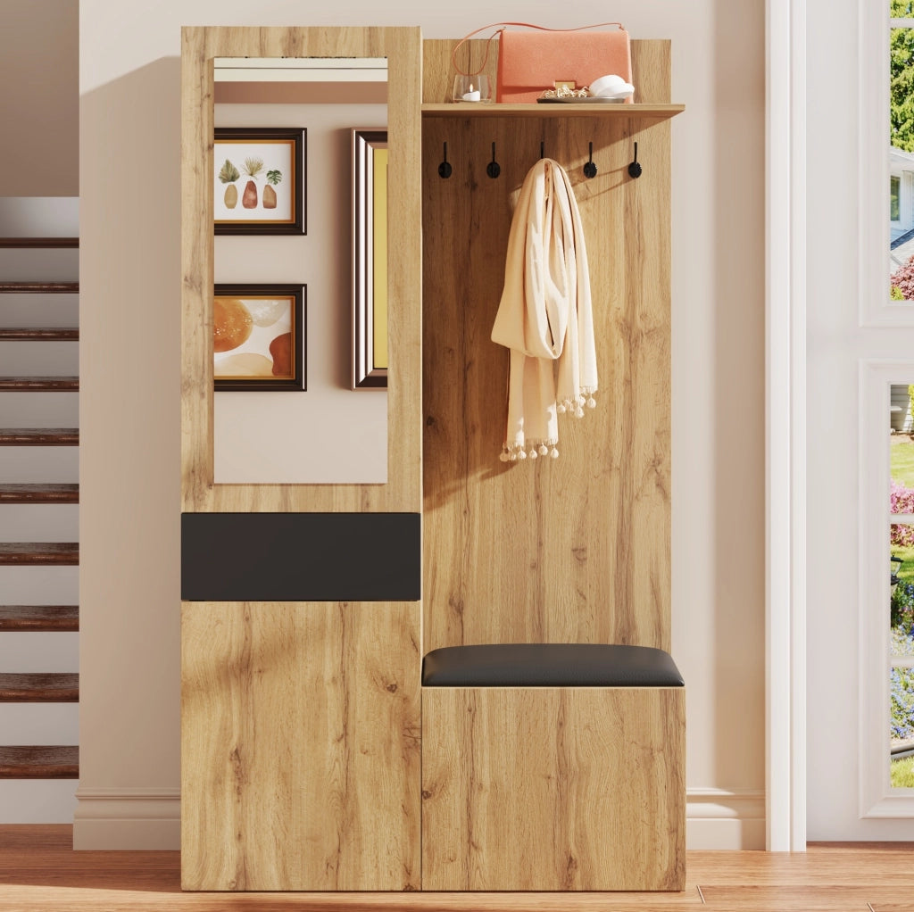 Set guardaroba da ingresso nero e legno con specchio
