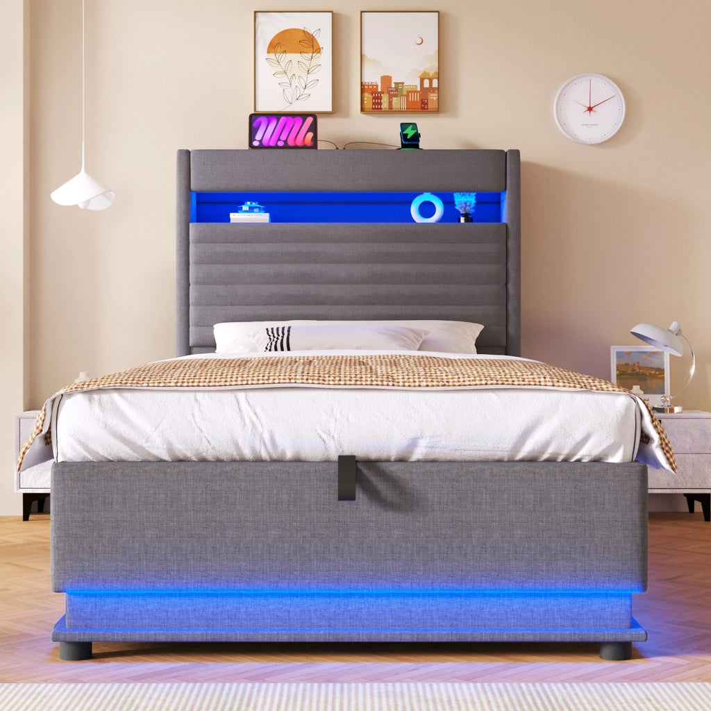 Letto contenitore 90 × 200 cm con LED; USB e porta Type-C; testiera imbottita in lino grigio