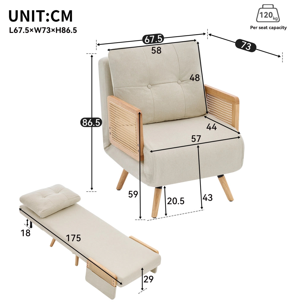 Poltrona letto 3 in 1 beige con schienale regolabile e braccioli intrecciati salvaspazio