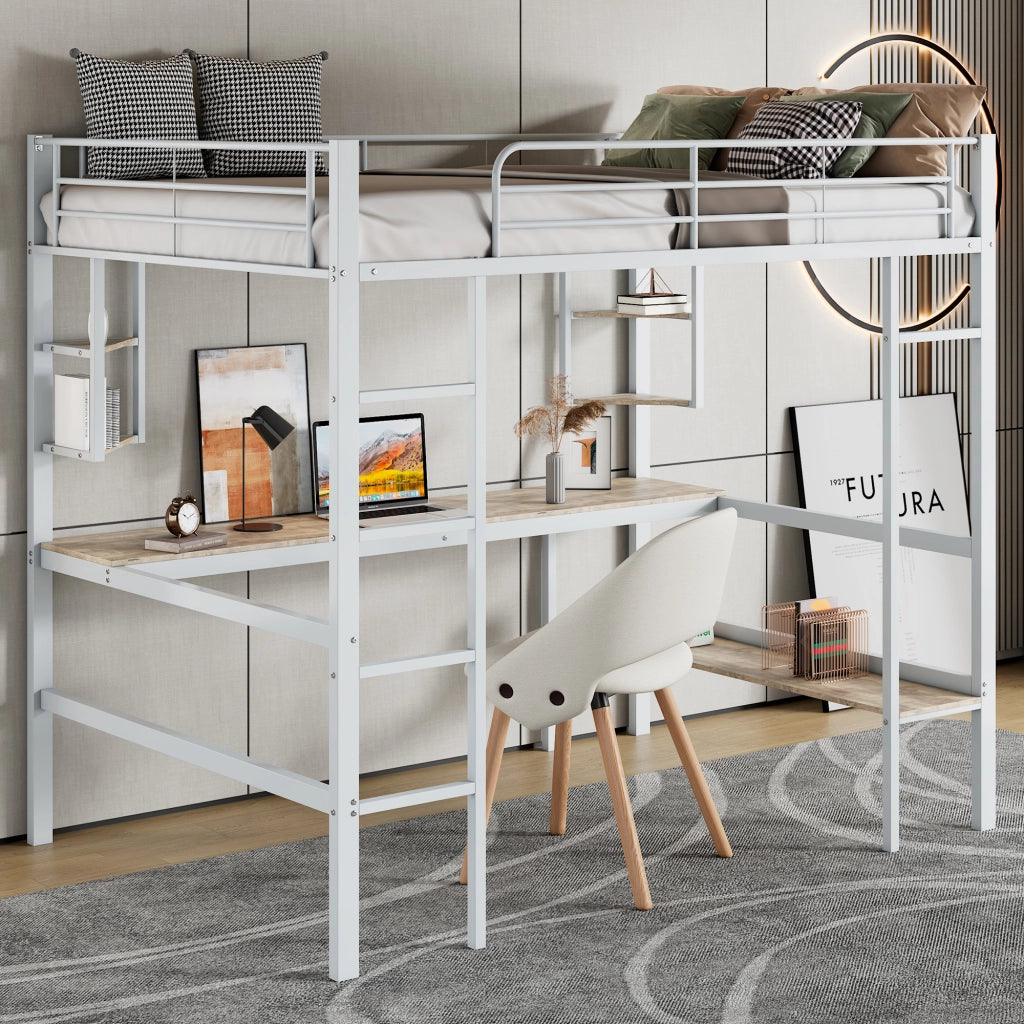 Letto a Soppalco con Scrivania e Libreria ¨C MINIMAL ¨C Metallo Bianco 90x200