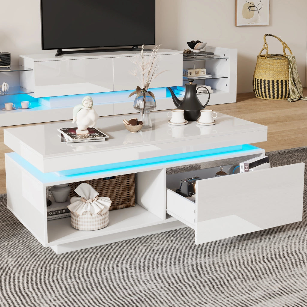 Tavolino da salotto con LED e cassetto portata 50 kg in pannello di particelle bianco lucido 100 × 50 × 40.3 cm