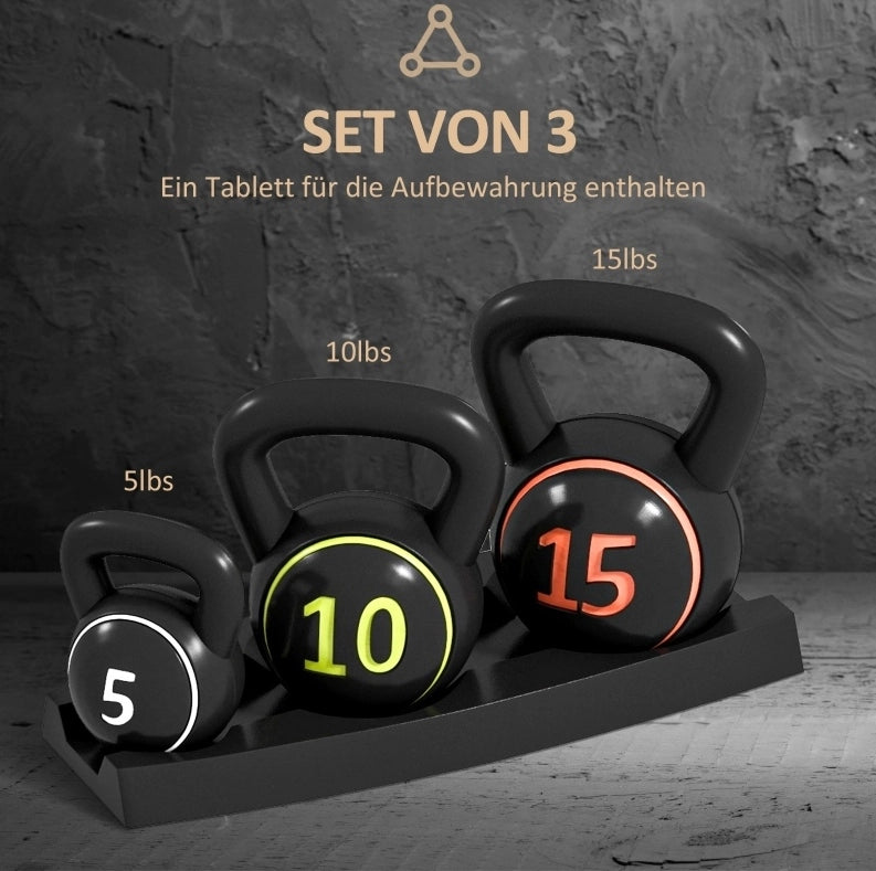Set 3 kettlebell ULEVR da 2,2 kg, 4,5 kg e 6,8 kg con rivestimento in plastica nero e base piatta