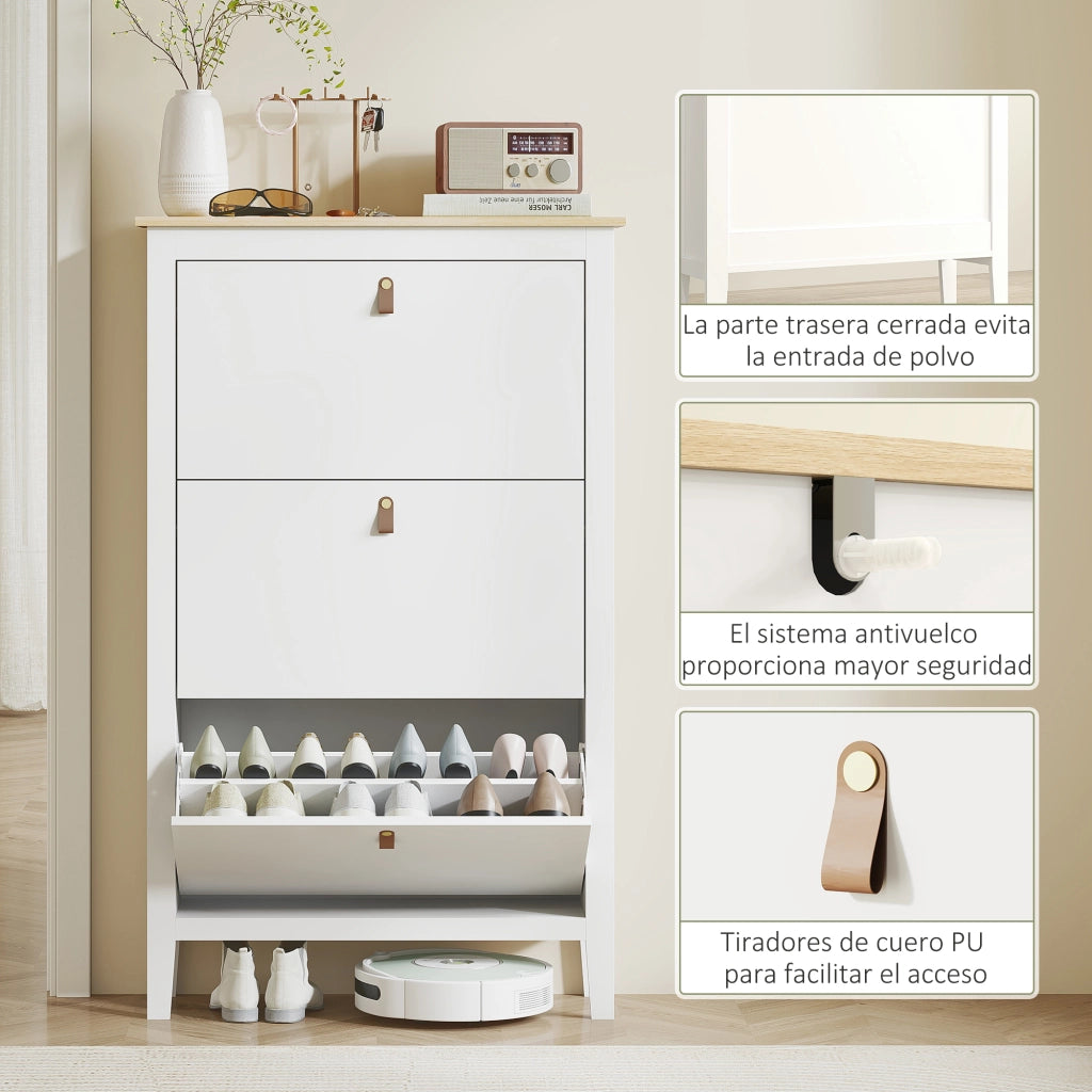 Scarpiera Stretto con 3 Scomparti ¨C zephmum ¨C 80x24x131 cm Bianco e Legno