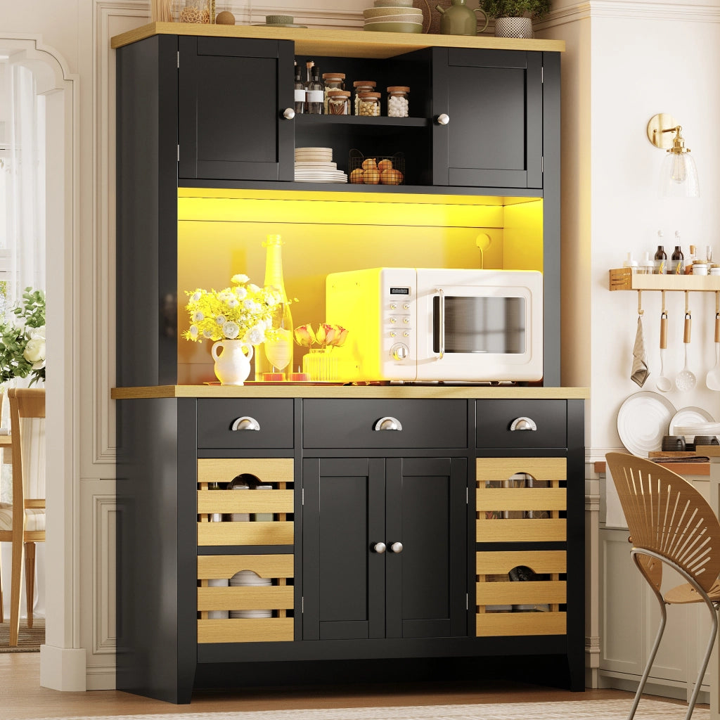 Credenza da cucina alta LED con ripiani regolabili e 4 cestelli, chiusura ammortizzata, nera, 120 × 40 × 188 cm