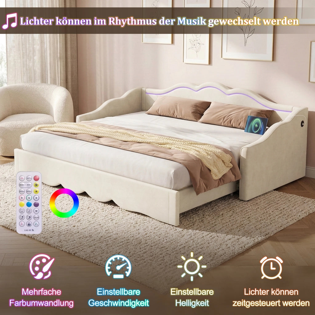 Letto estraibile imbottito 90 × 200 cm estensibile a 180 × 200 cm in velluto beige con LED USB e Type-C