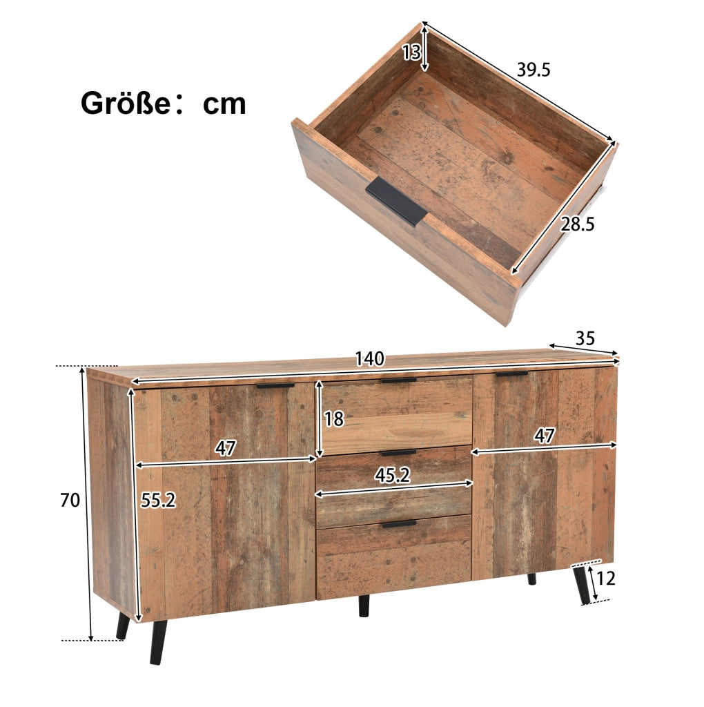 Credenza TV vintage con ripiani regolabili e tre cassetti