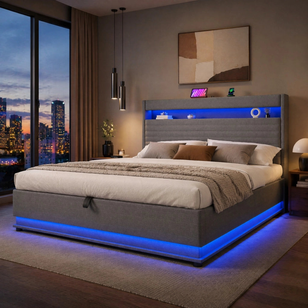 Letto imbottito 180 × 200 cm con contenitore idraulico; LED; USB e USB-C; lino grigio