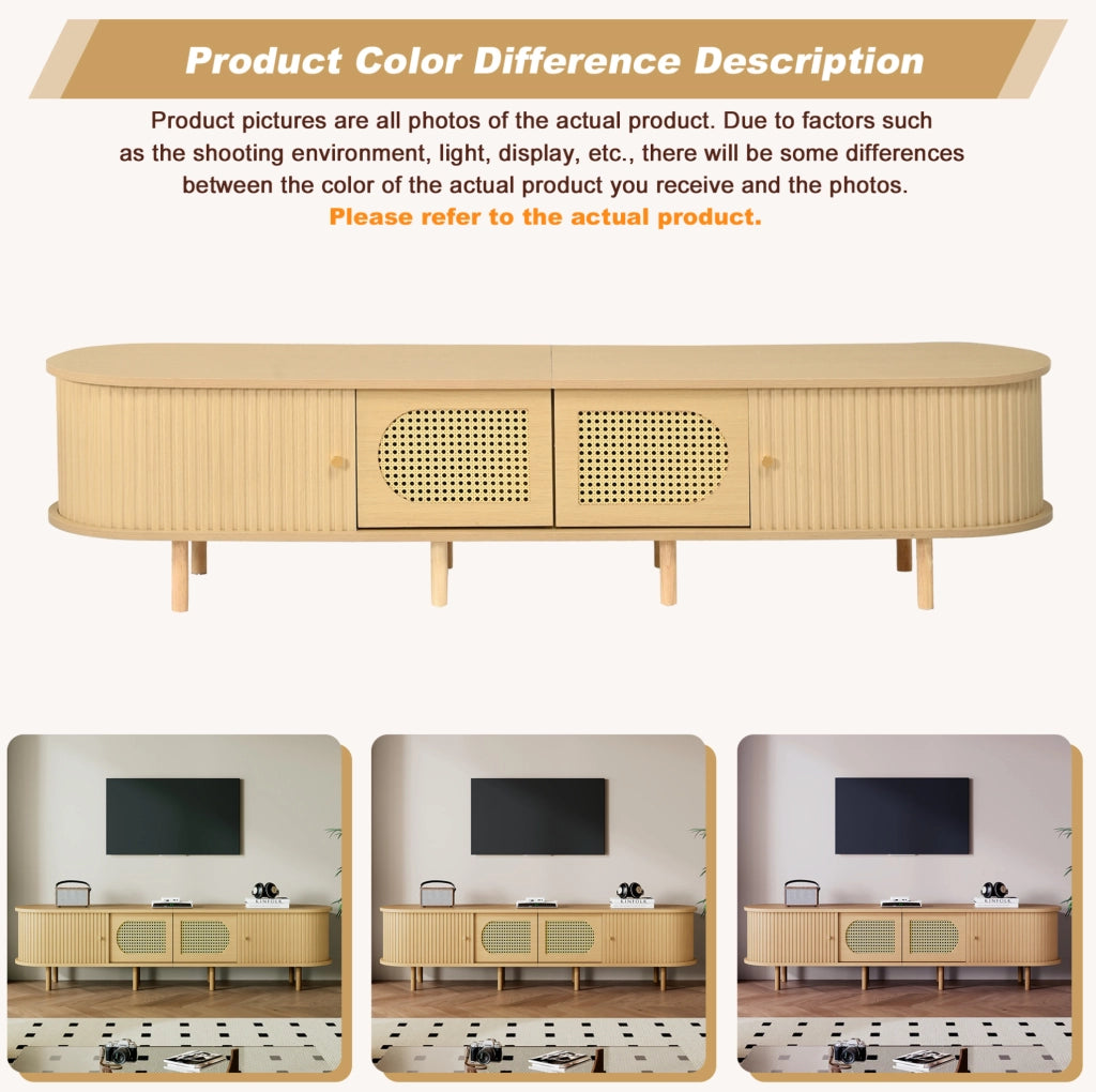 Mobile TV ULEVR 180x40x40 cm con 2 ante e 2 serrande scorrevoli, design rattan, MDF naturale
