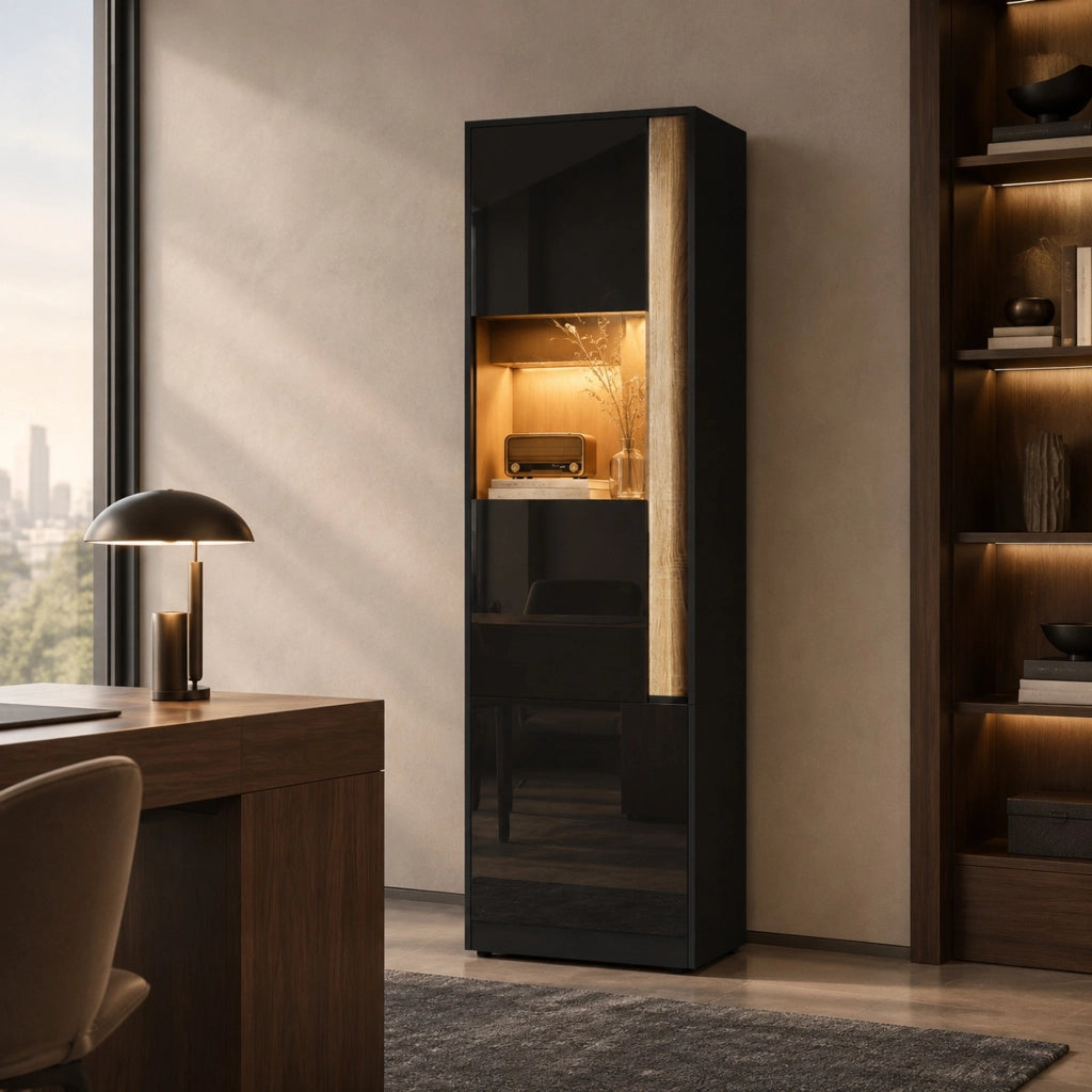 Vetrina alta con LED regolabile 2 ante pannello truciolare nero naturale per soggiorno ufficio cucina 50 × 40 × 179 cm