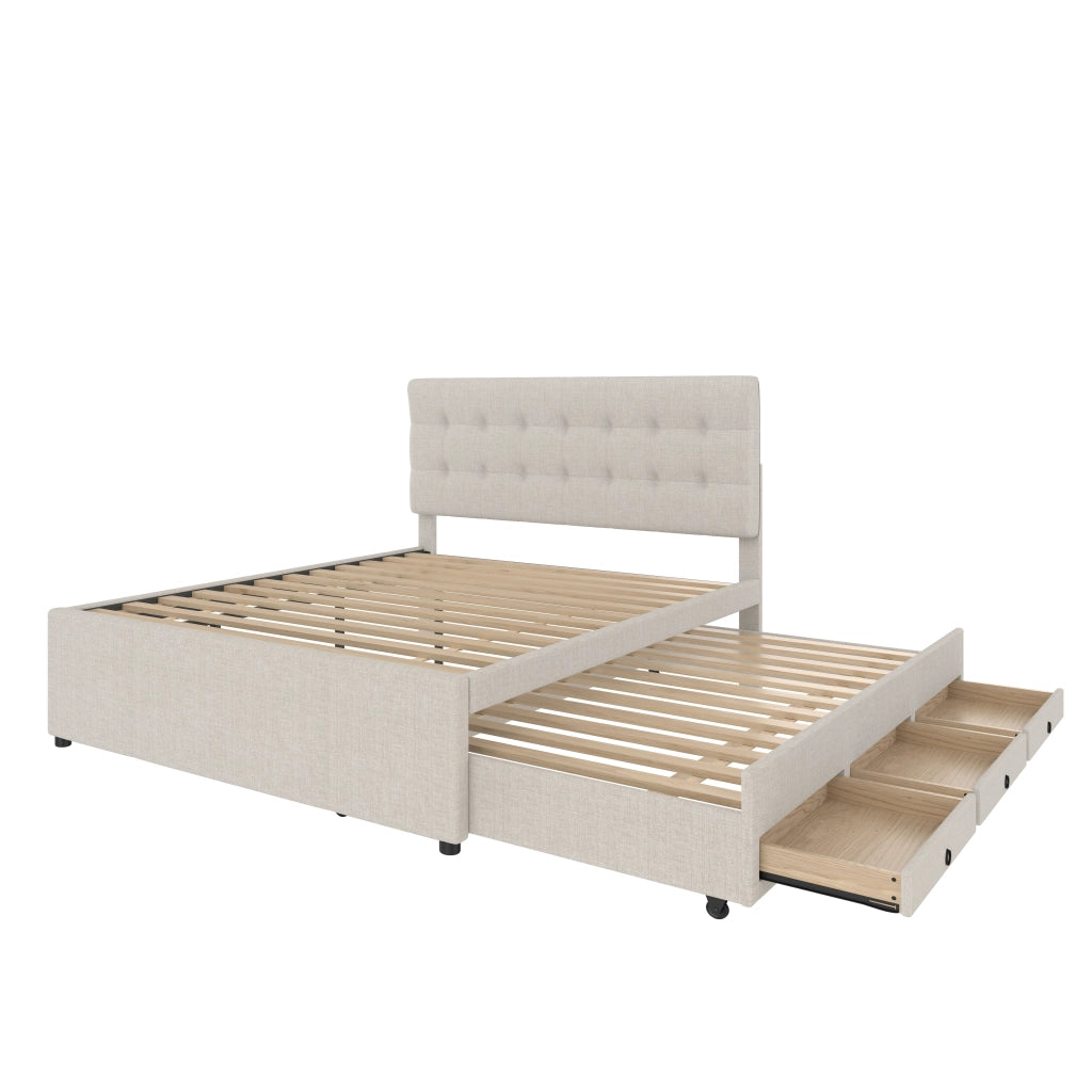 Letto imbottito 140x200 cm con letto estraibile e 3 cassetti in lino beige