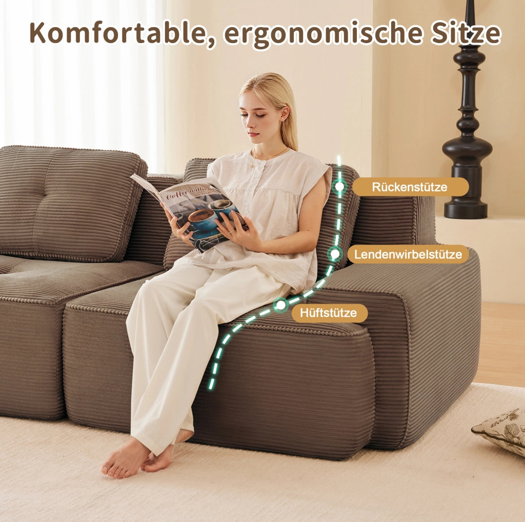 Divano modulare a U in velluto côtelé marrone, 3 posti senza struttura, con pouf, comfort cloud per soggiorno