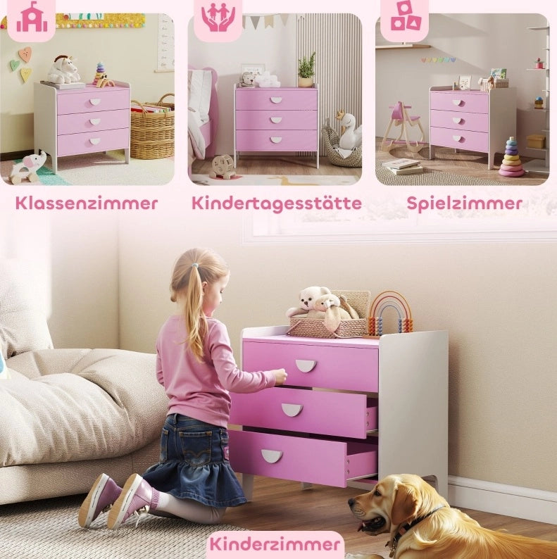 Cassettiera per bambini rosa e bianca con 3 cassetti