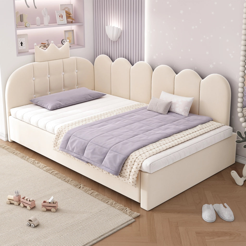 Letto imbottito per bambini 90 x 200 cm con letto estraibile 90 x 190 e rete a doghe, singolo con testiera a corona in velluto beige