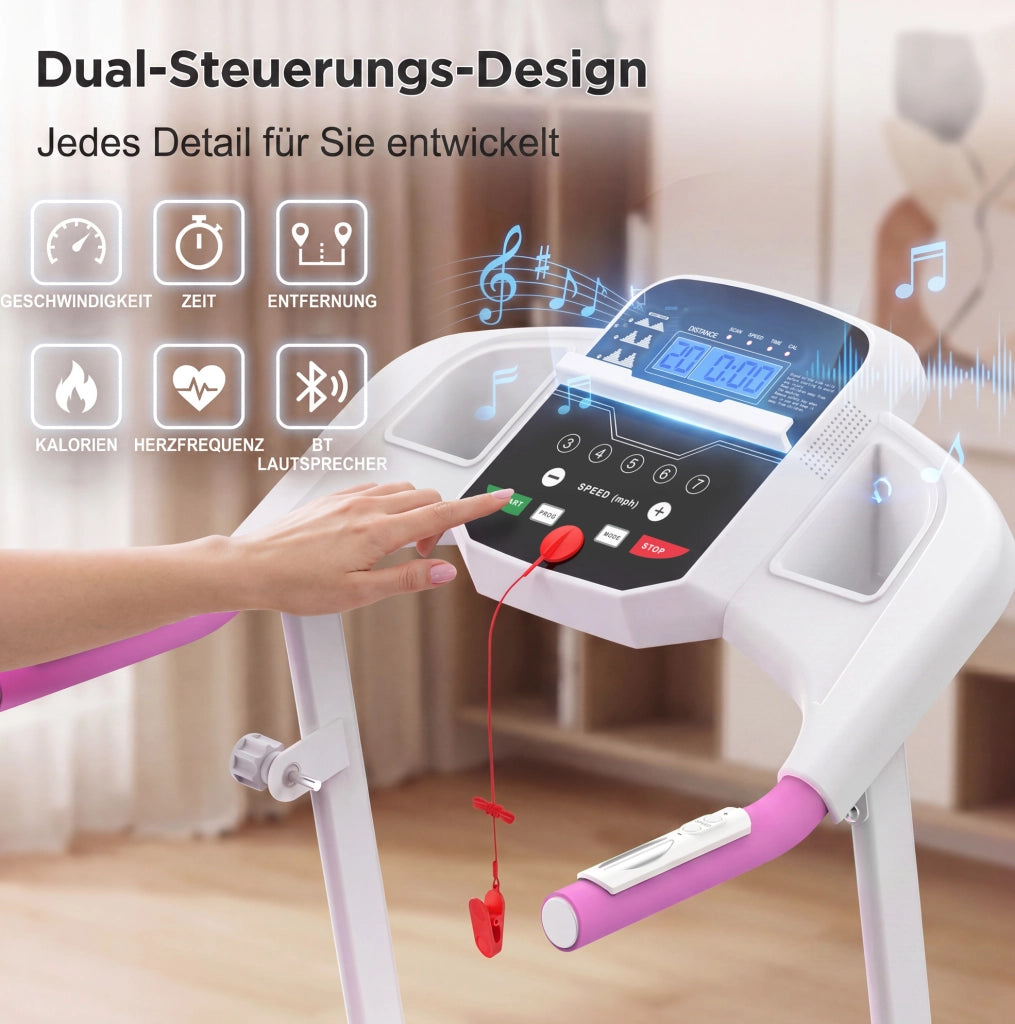 Tapis roulant pieghevole ULEVR con 3 programmi, display LED e ruote di trasporto, bianco e rosa