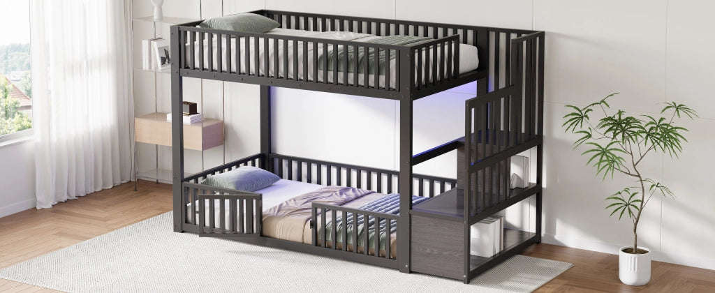 Letto a Castello 90x200 cm con Contenitore; LED; Sponde di Sicurezza; Nero
