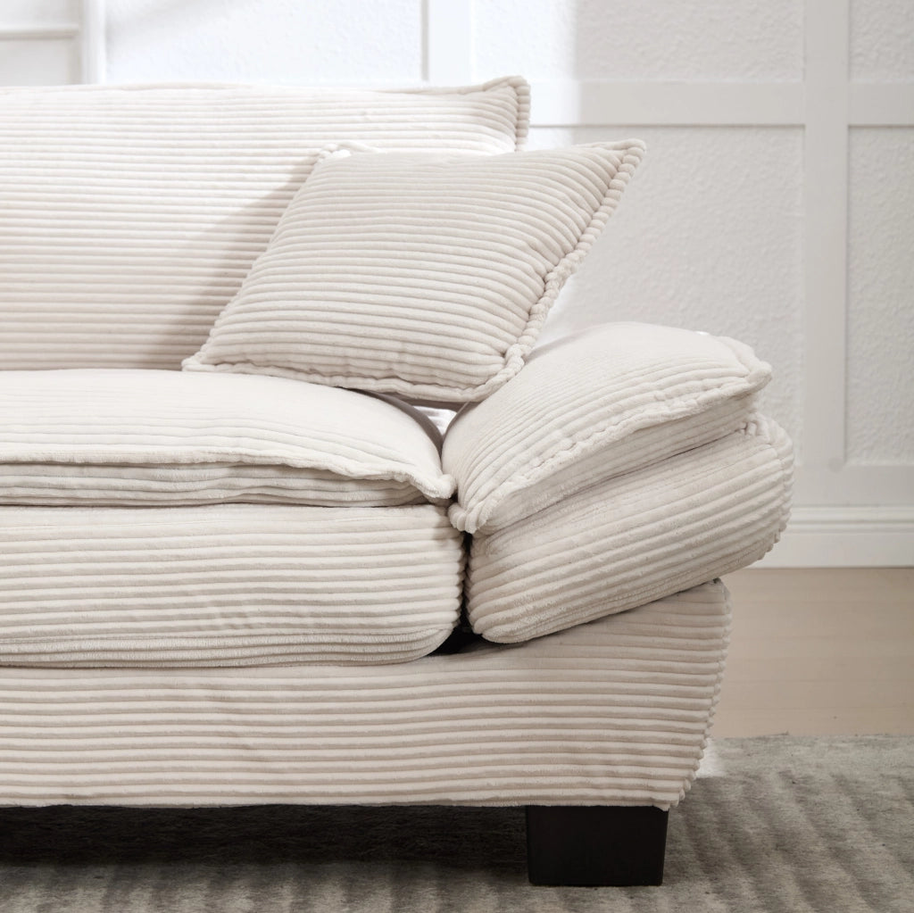 Divano a due posti in velluto beige con struttura in legno e gambe in plastica, 224x81x81 cm