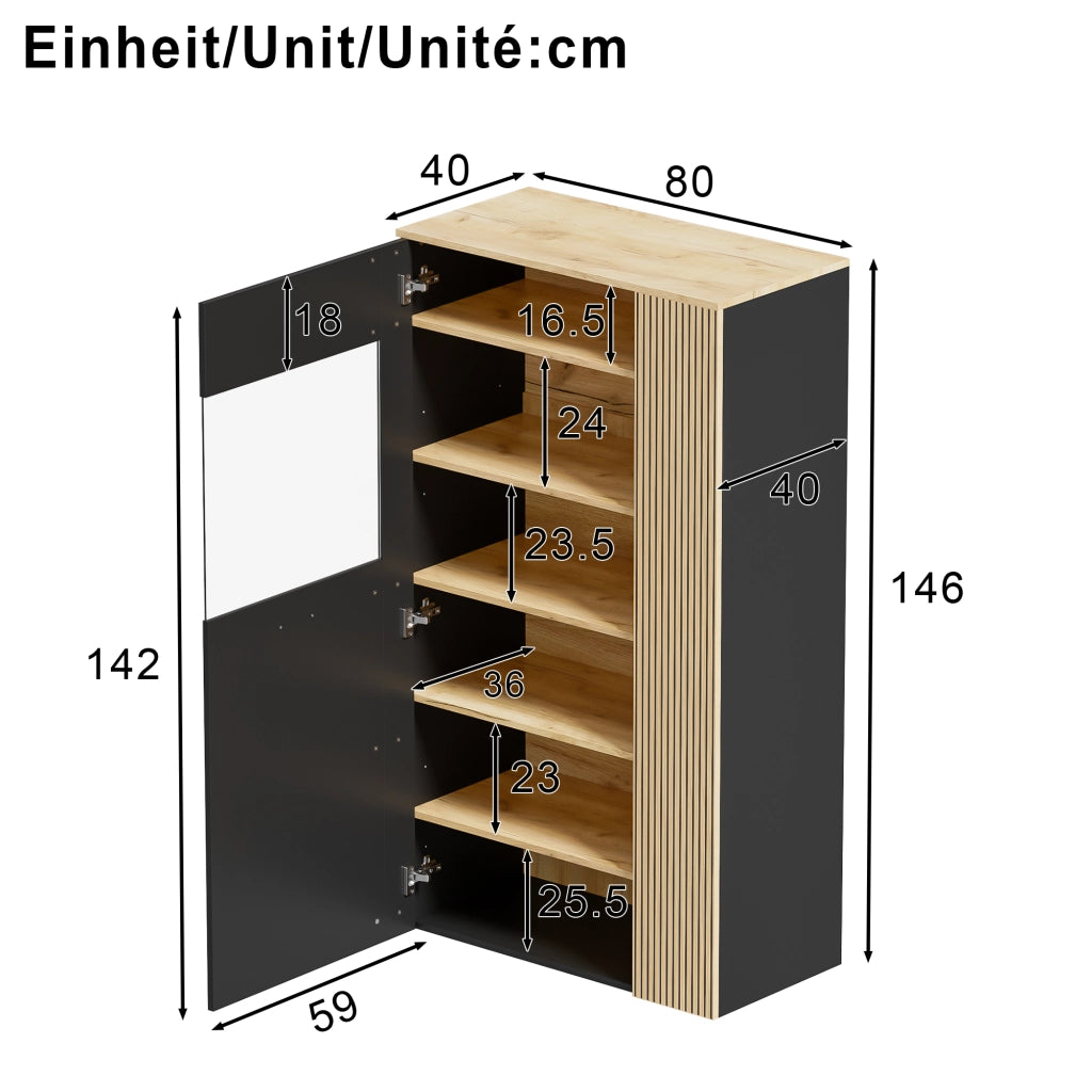 Mobile contenitore con 1 anta in vetro; 3 ripiani fissi; 2 ripiani regolabili e LED per soggiorno 80 × 40 × 146 cm
