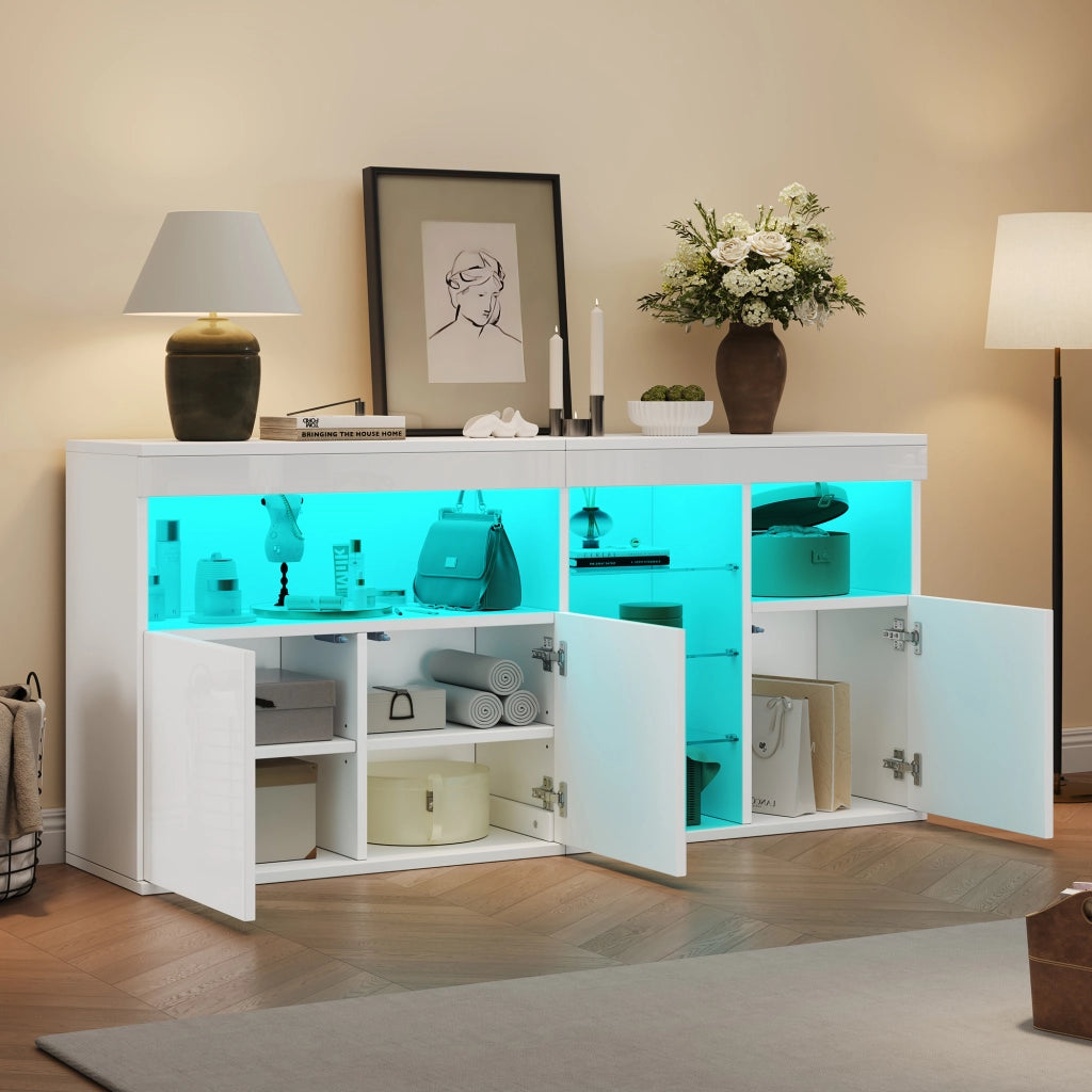 Credenza da soggiorno 155;5 x 35 x 72 cm con LED e finitura lucida; bianco