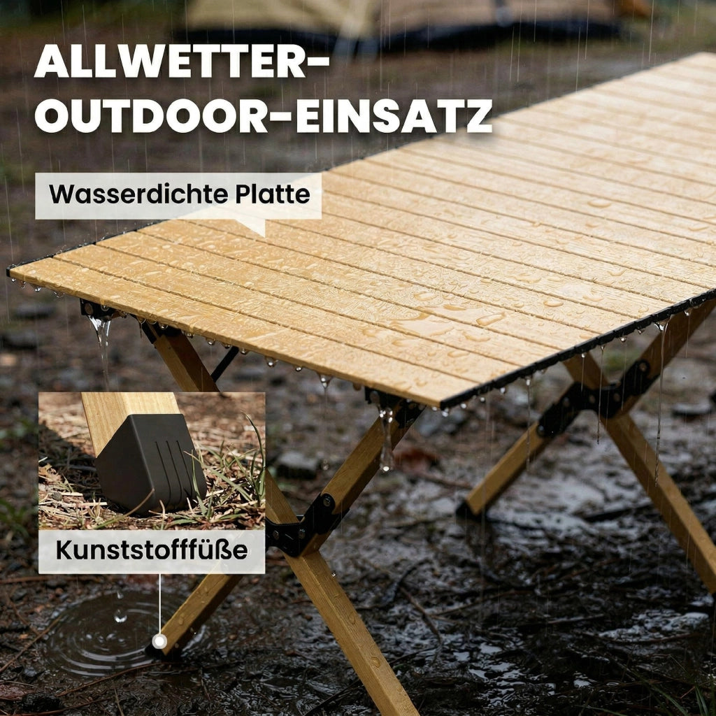 Tavolo da Campeggio Pieghevole in Alluminio 117 x 60 cm con Piano Arrotolabile Effetto Legno Borsa per Outdoor e Giardino