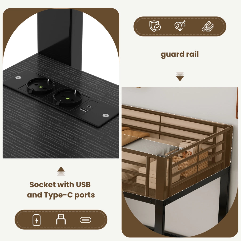 Letto a soppalco 90 × 200 cm con scrivania in metallo e MDF nero scale contenitore prese USB Type C EN747