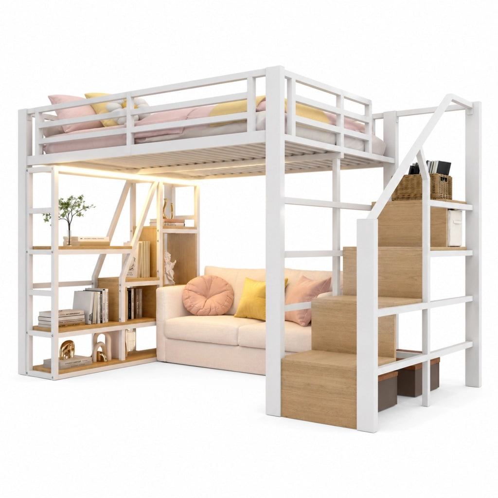 Letto a soppalco 140x200 cm con LED e scaletta contenitore in metallo e MDF bianco