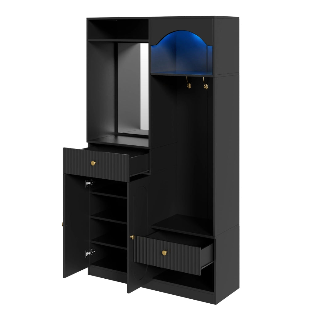 Garderoba compatta con specchio, panca, appendiabiti e luci LED regolabili, MDF nero 100x35x180 cm