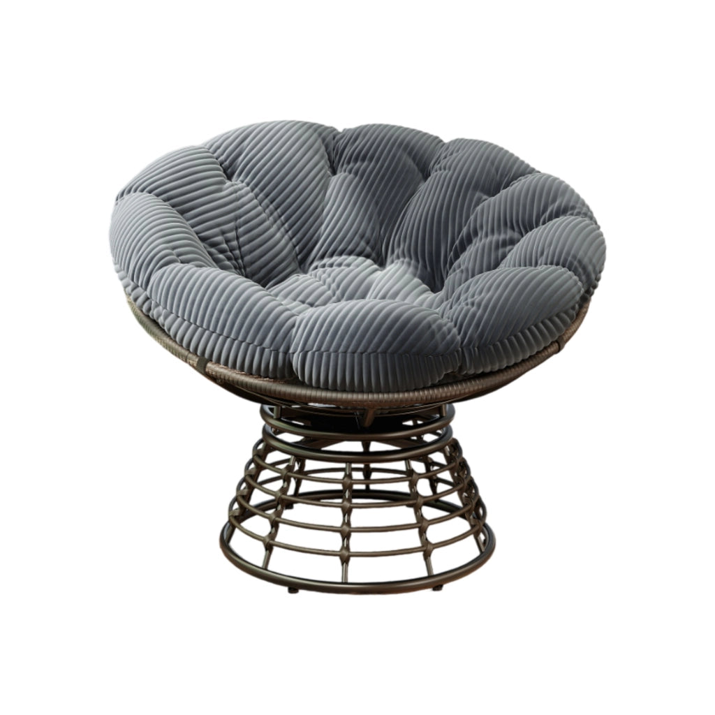 Sedia Papasan Ergonomica in Rattan con Cuscino Spesso e Girevole a 360°, Telaio Marrone e Cuscino Grigio in Velluto a Coste