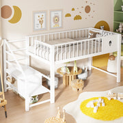 Letto a Soppalco Basso per Bambini Singolo 90x200 cm Struttura in Metallo Bianco con Scala Contenitore
