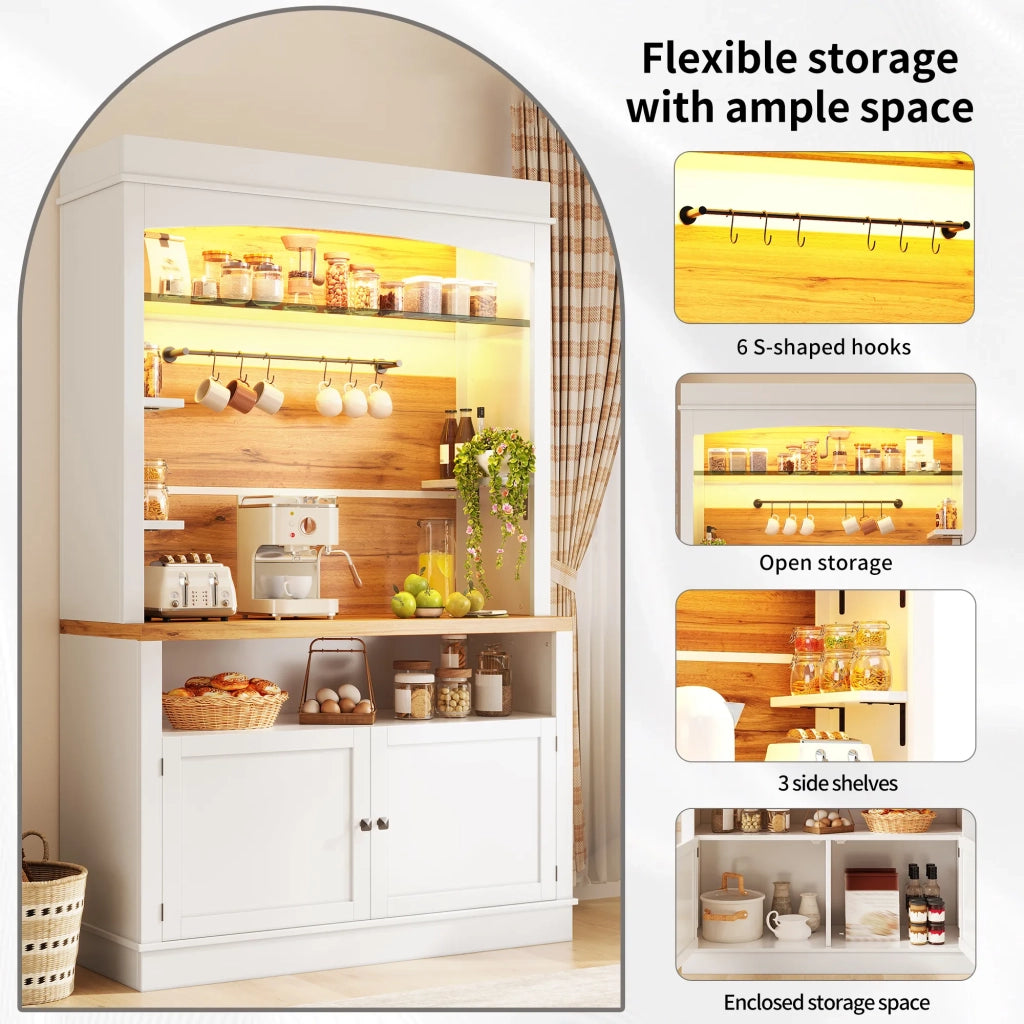 Set 2 colonne alte con illuminazione LED, madia alta 184 cm con ripiano in vetro e barra appendiabiti, bianco, portata fino a 60 kg