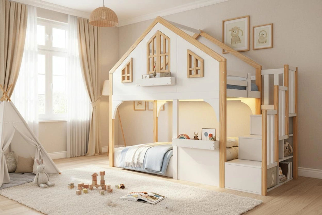 Letto a castello a casetta 90x200 cm con LED e scala contenitore; bianco e naturale