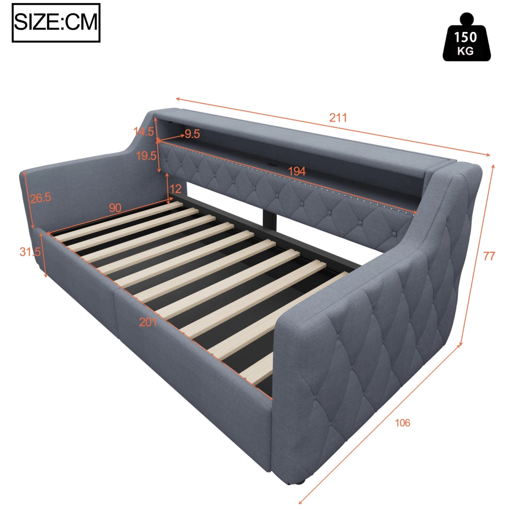 letto in lino e mdf grigio 90 x 200 cm