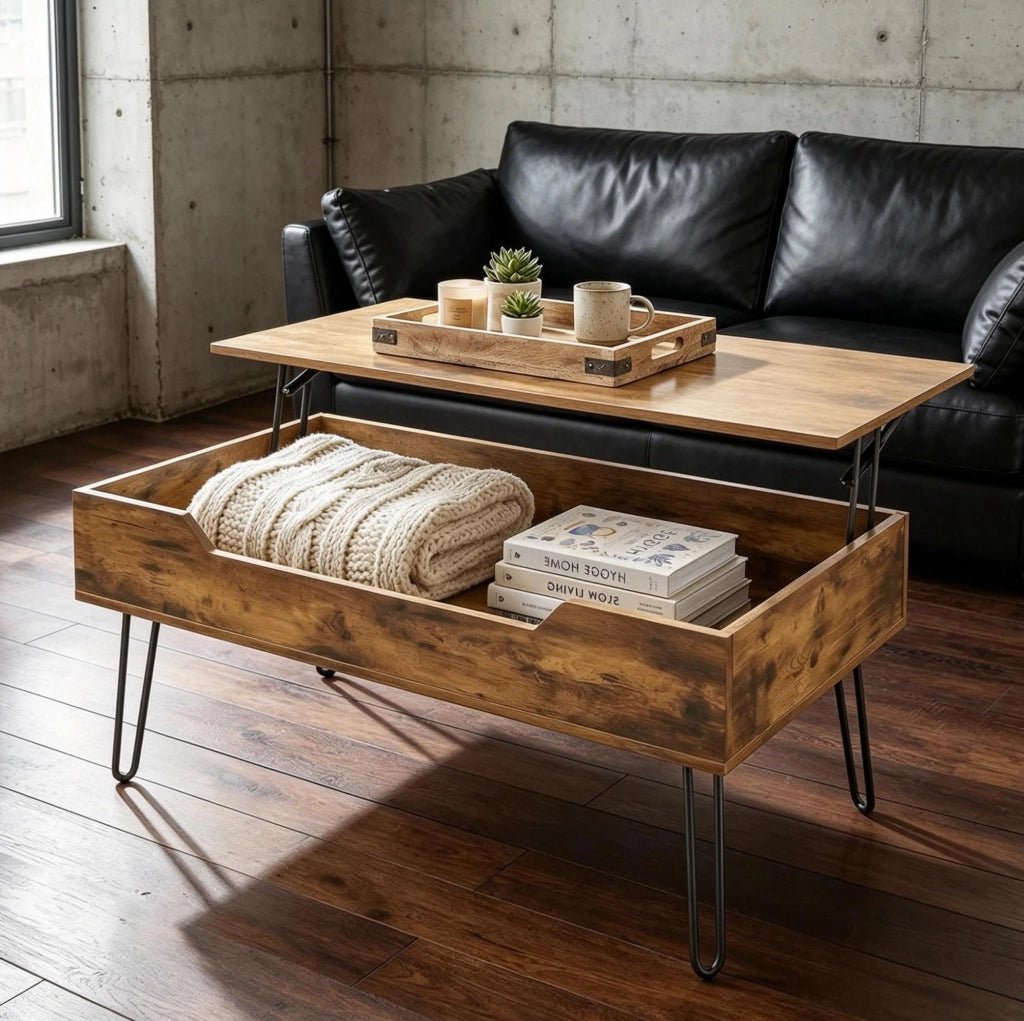 Tavolino da salotto con piano sollevabile e vano contenitore 95x50 cm noce rustico HOMVRA
