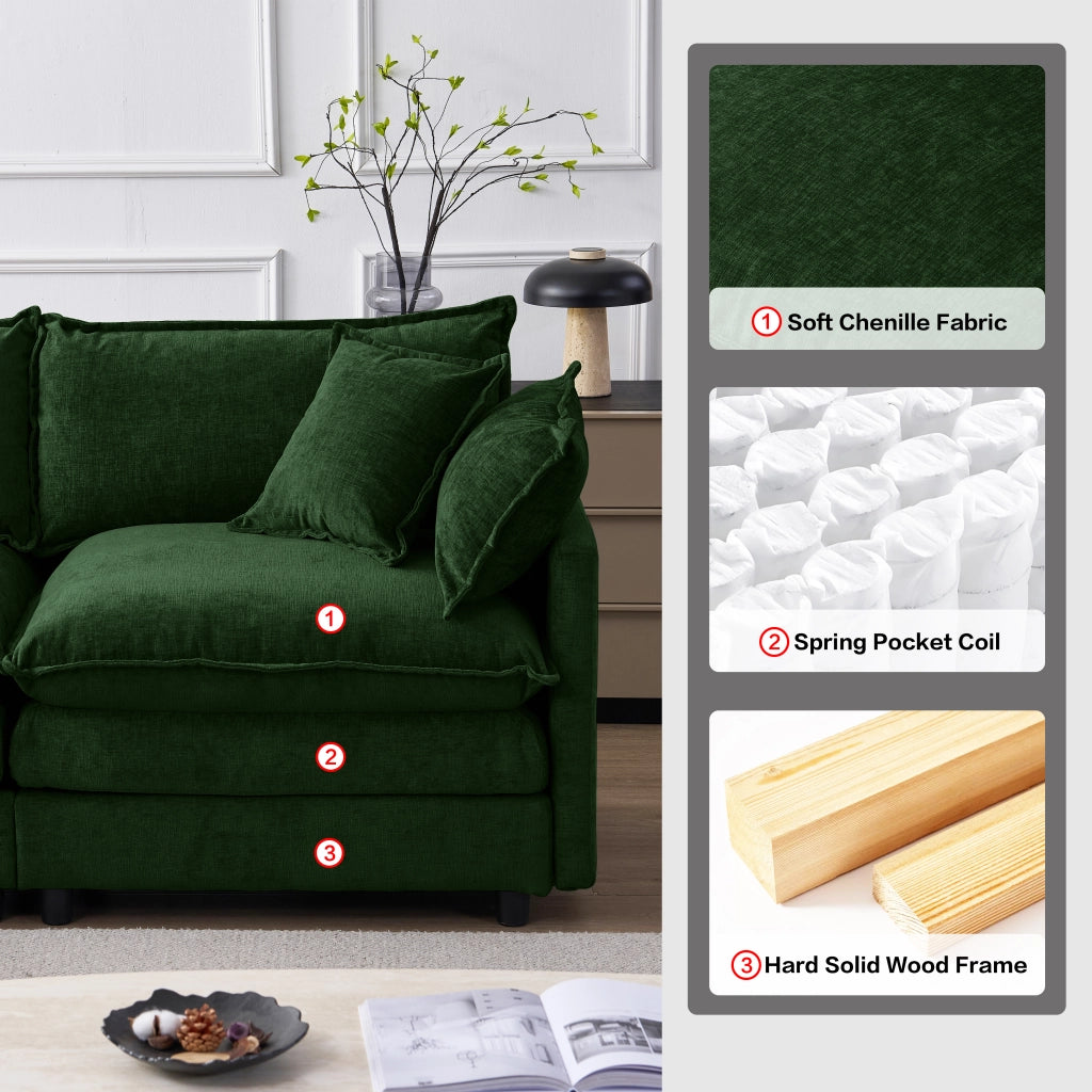 Divano angolare a 3 posti modulare in ciniglia verde con pouf struttura in legno sfoderabile 267 × 154 × 85 cm