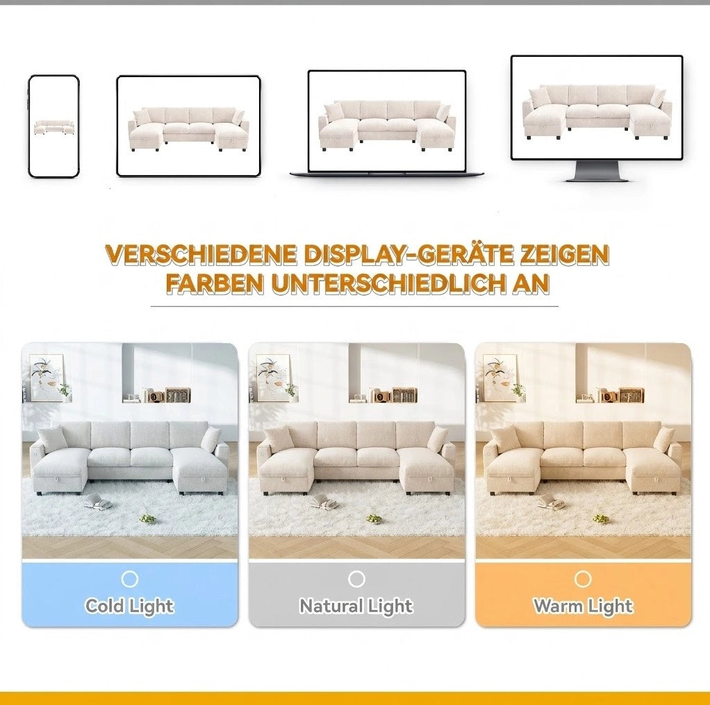 Divano a U in ciniglia beige con vano contenitore; USB e Type-C; 279 × 135 × 84 cm