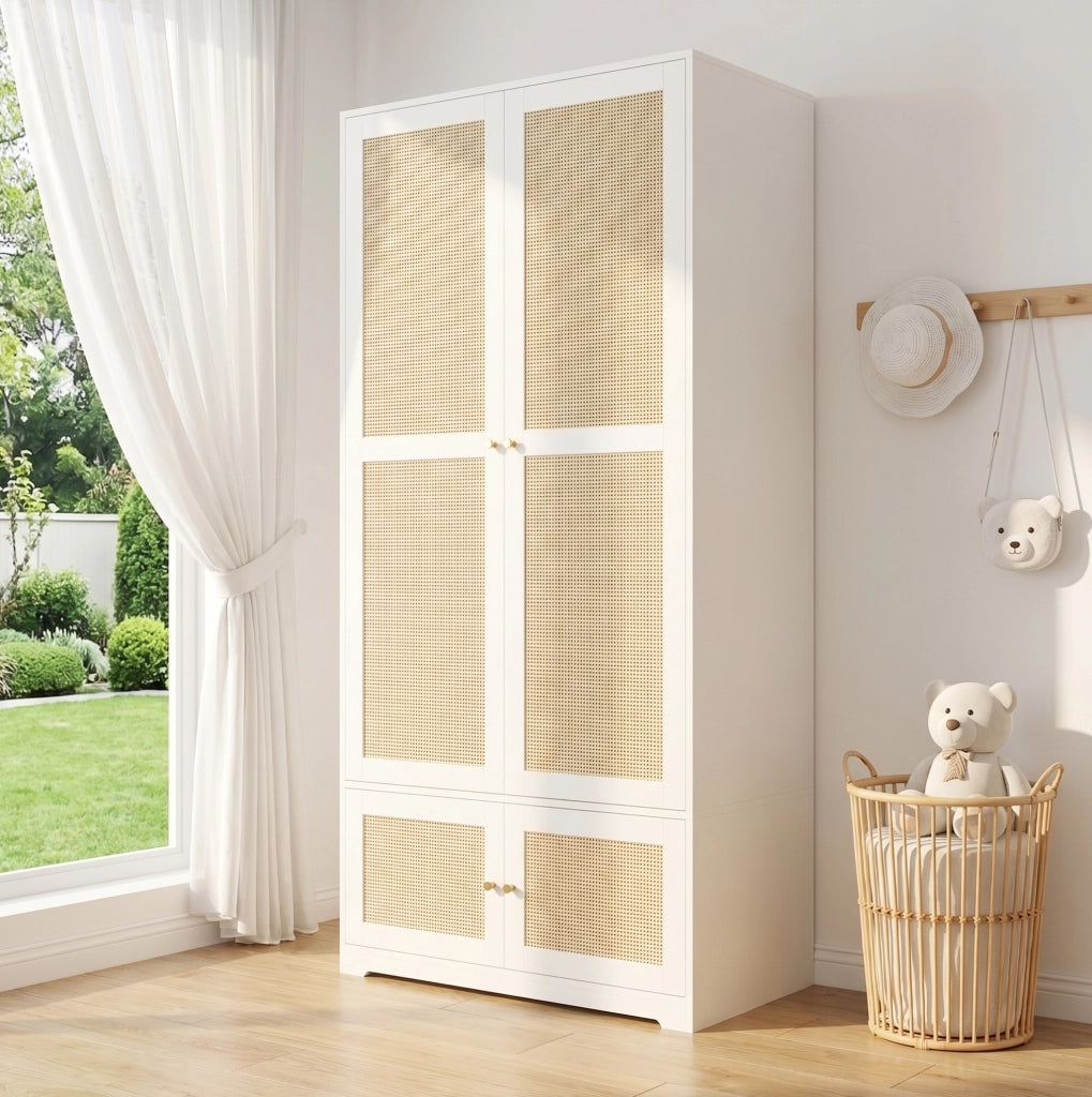 Armadio a Due Ante in Legno 90 x 48 x 180 cm con Ante in Rattan Bianco - Ideale come regalo per Halloween e Natale