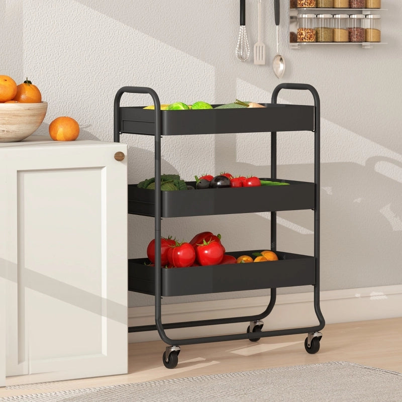 Carrello da cucina a 3 ripiani in metallo nero con 4 ruote di cui 2 bloccabili 64.5 × 34 × 87 cm