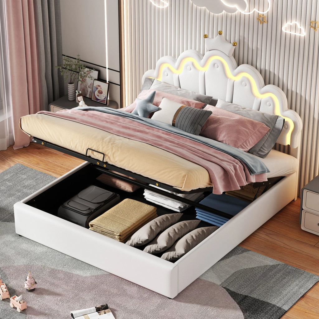 Letto matrimoniale imbottito 140 × 200 cm con contenitore LED regolabili tramite app in PU bianco