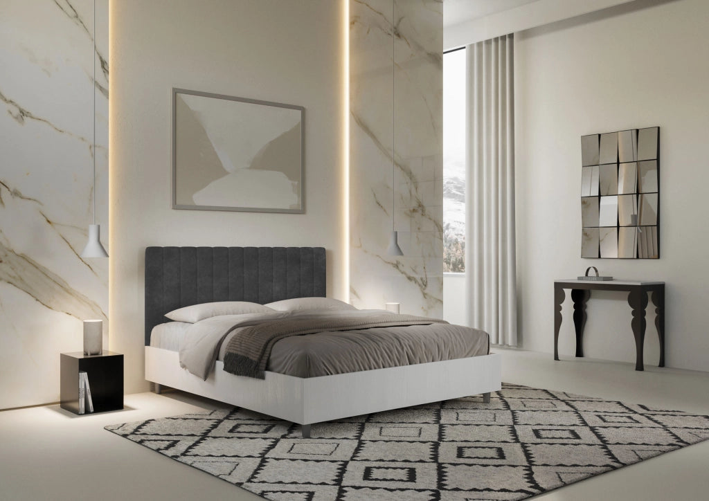 BS COM Letto matrimoniale con rete 160x190 bianco frassino testata microfibra grigio
