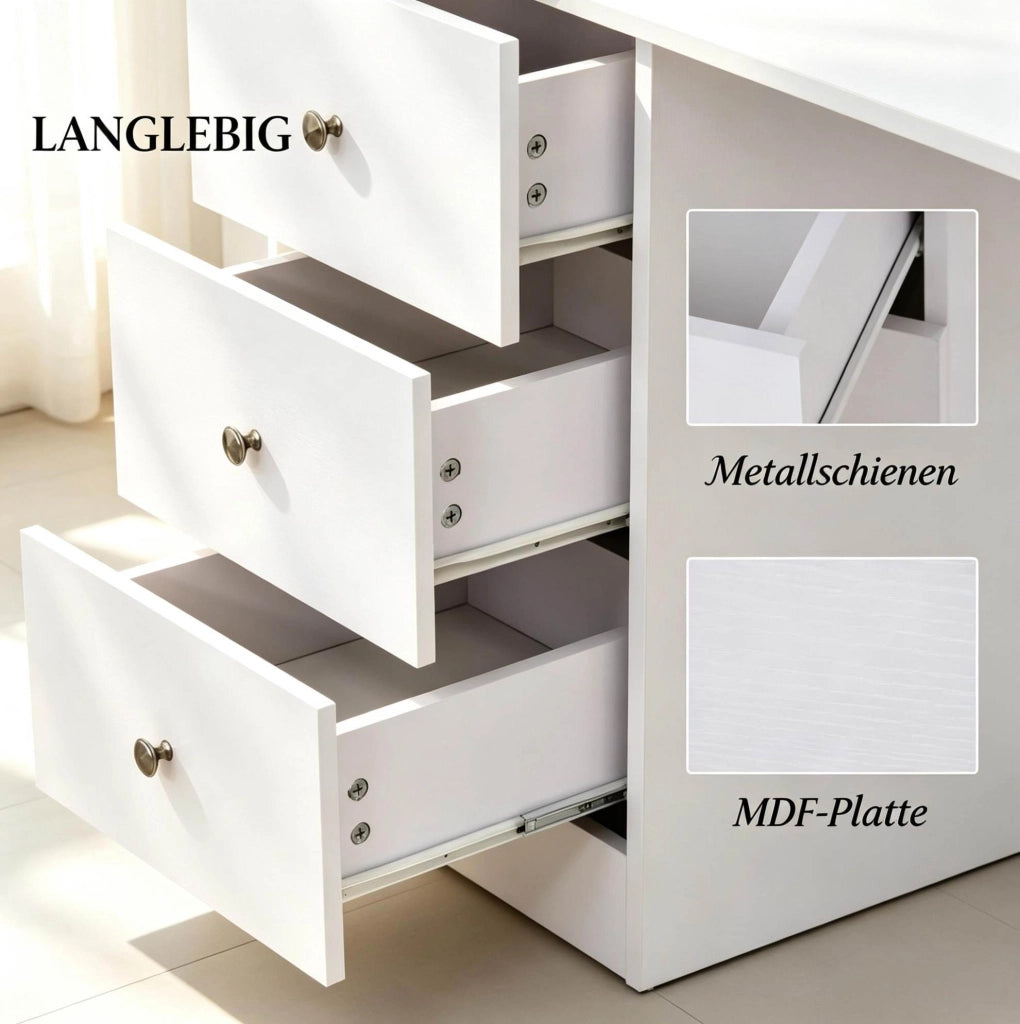 Scrivania da lavoro bianca con 3 cassetti e 2 ripiani, MDF e lega di alluminio, 120x49x72 cm