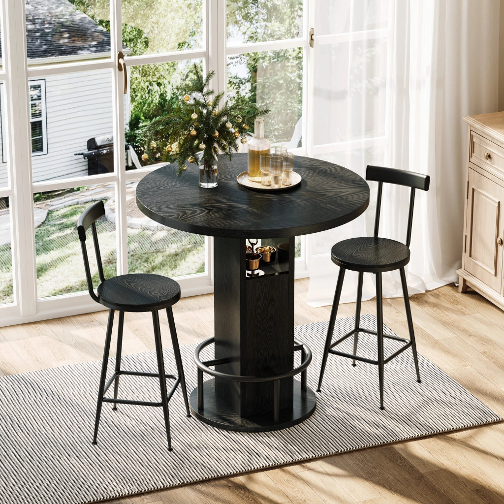 TAVOLO da bar rotondo 80 cm nero Set da 3 pezzi